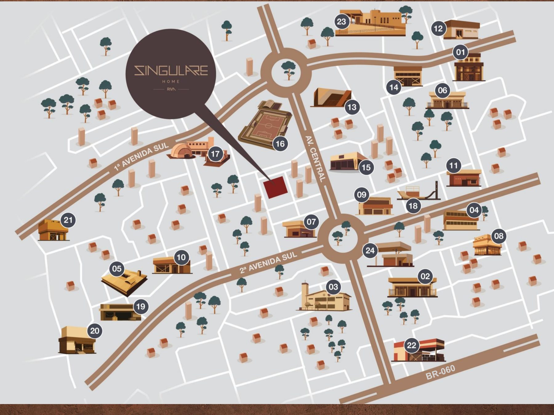 Mapa ilustrado do bairro com o Singulare e os pontos próximos